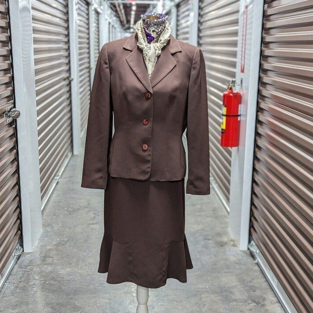 Vintage Dark Academia Brown Skirt Suit Set Office Siren‎ - Le Suit Size 10
